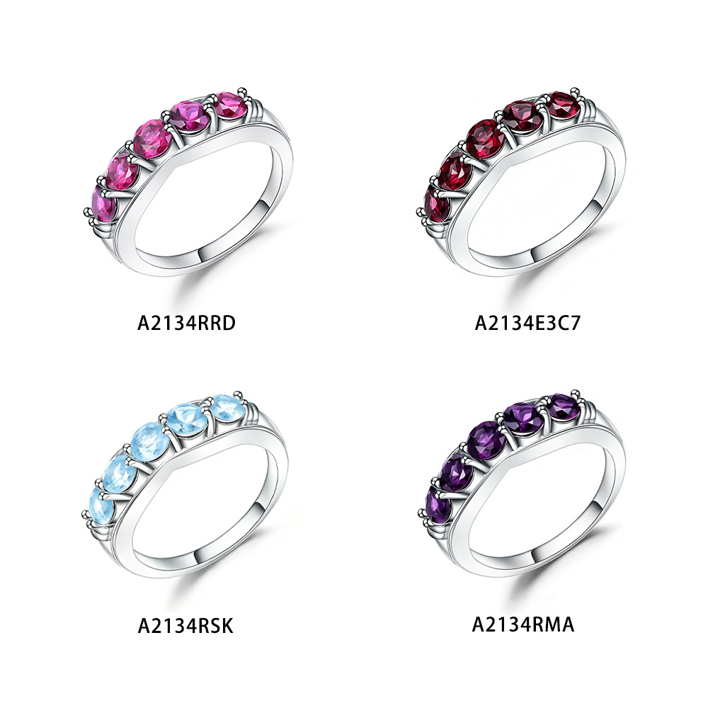 Simple and classic natural topaz ring with half-circle inlay of amethyst, s925 sterling silver garnet silver ring