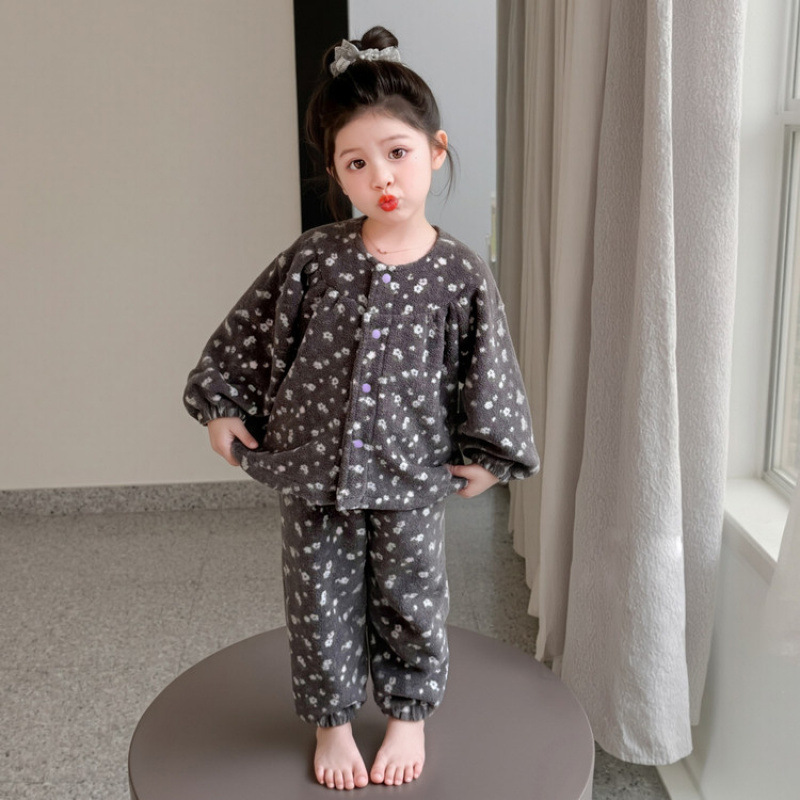 女童娃娃衫碎花冬款珊瑚绒睡衣套装儿童秋冬款法兰绒家居服两件套|undefined