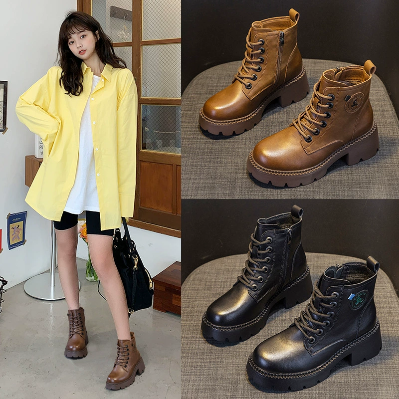 Женские ботинки Martin, модные короткие ботинки в британском стиле, новинка осени-зимы 2025 года, стильная кожаная поверхность, толстая подошва, увеличивающие рост ретро-ботинки для женщин.