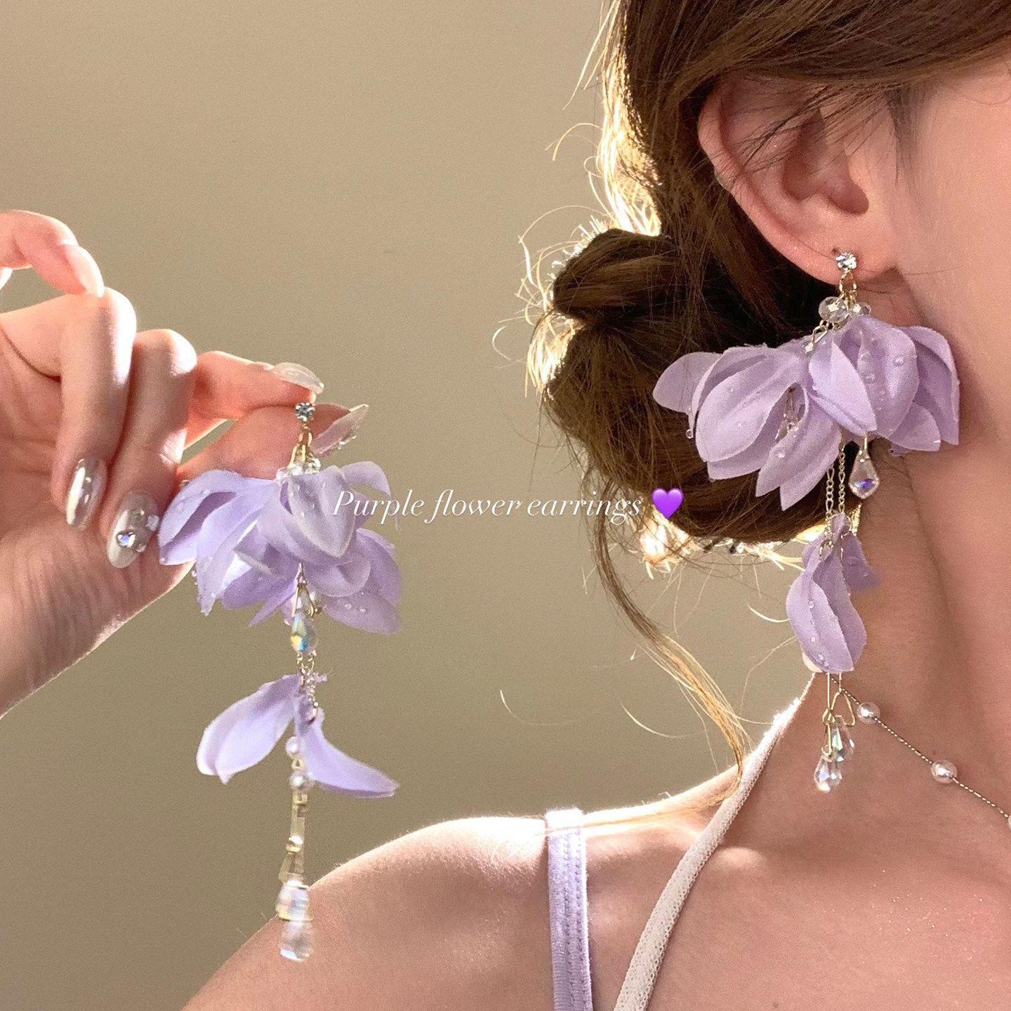 EH1023 purple petal tassel earrings