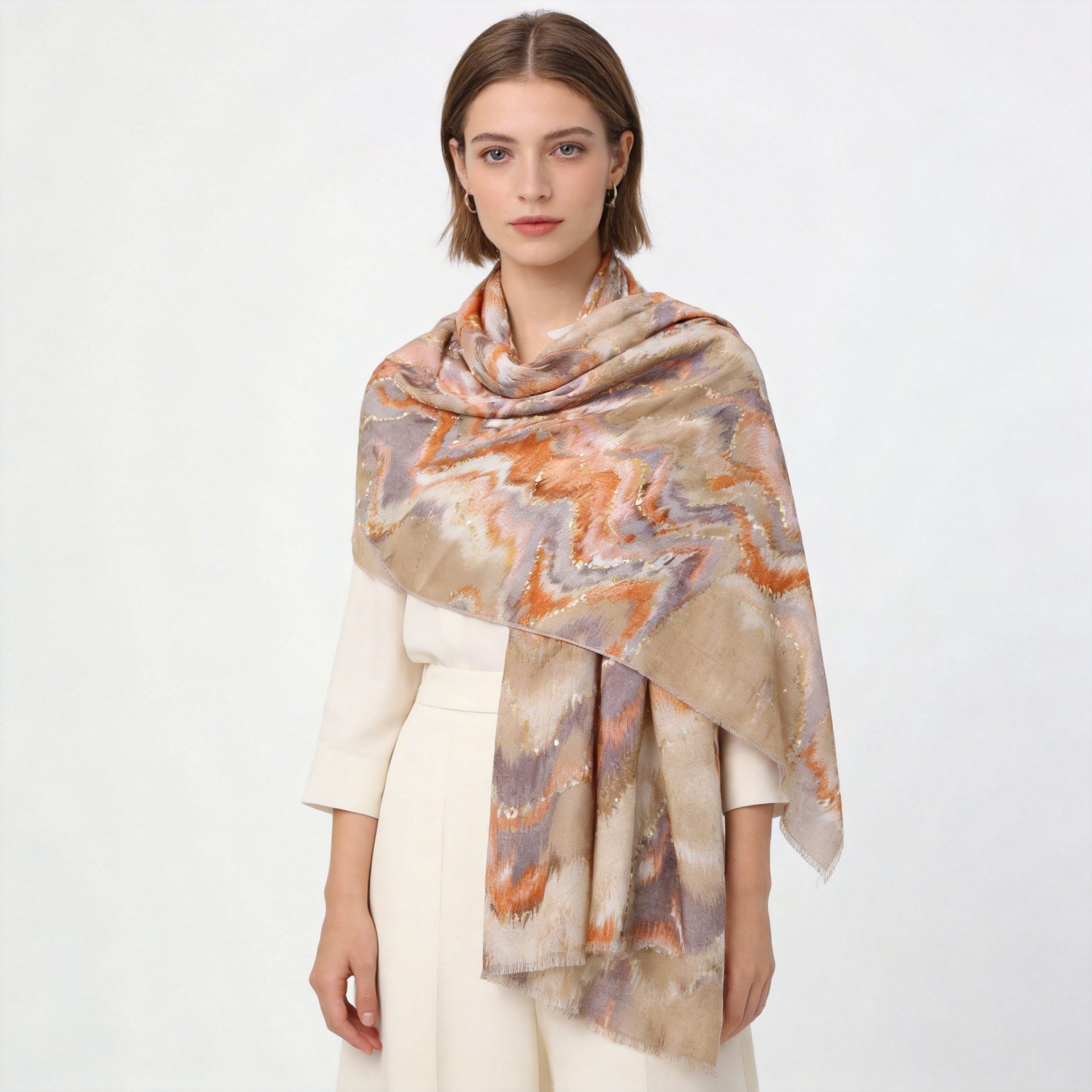 烫金山60수 공장 직판 수출용 추상 새틴 프린트 롱 스카프 여행 휴가용 자외선 차단 보온 숄