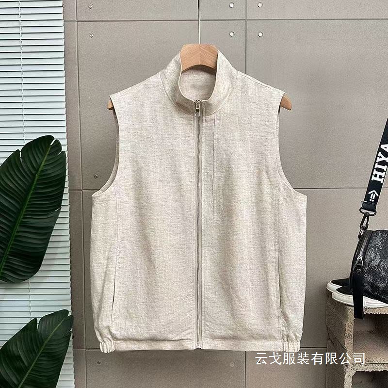 静奢老钱范 莱赛尔亚麻混纺春季男士百搭休闲轻薄立领马甲
