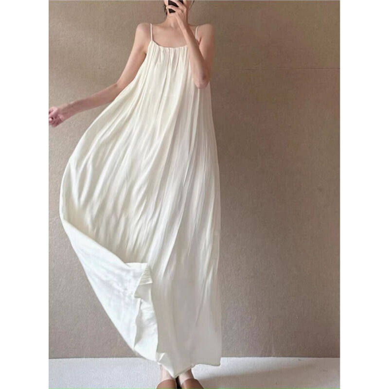 White Drapey Long Slip Dress 2026 Summer New Style Travel Photography Pleated Elegant Long Dress Tank Dress