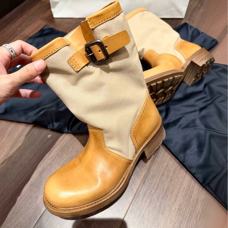 7cm Hidden Heel~Retro Color-Blocked Mid-Calf Boots for Women, New Summer Style, Chunky Heel, Slimming Effect, Slouchy Boots, Riding Boots, Martin Boots 7cm Hidden Heel~Retro Color-Blocked Mid-Calf Boots for Women, New Summer Style, Chunky Heel, Slimming Effect, Slouchy Boots, Riding Boots, Martin Boots