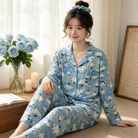 新款蓝色碎花印花两件套女士家居服春夏秋长裤睡衣套装女跨境货源