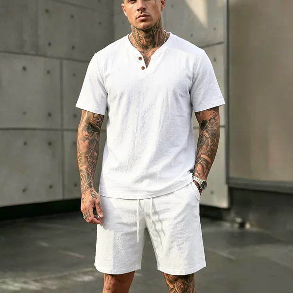 Cross-Border European and American Men's Linen Suit Summer Henry Polo Shirt Casual Loose Short-Sleeved T-Shirt Shorts Two-Piece Set