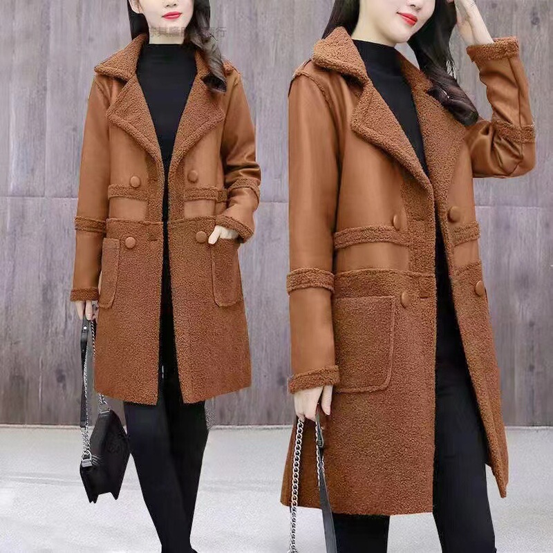 Winter Mid-Length Fur One-Piece Velvet Thickeneded Suit Collar Reversible Loose Plus Fat Oversized Leather Jacket for Women