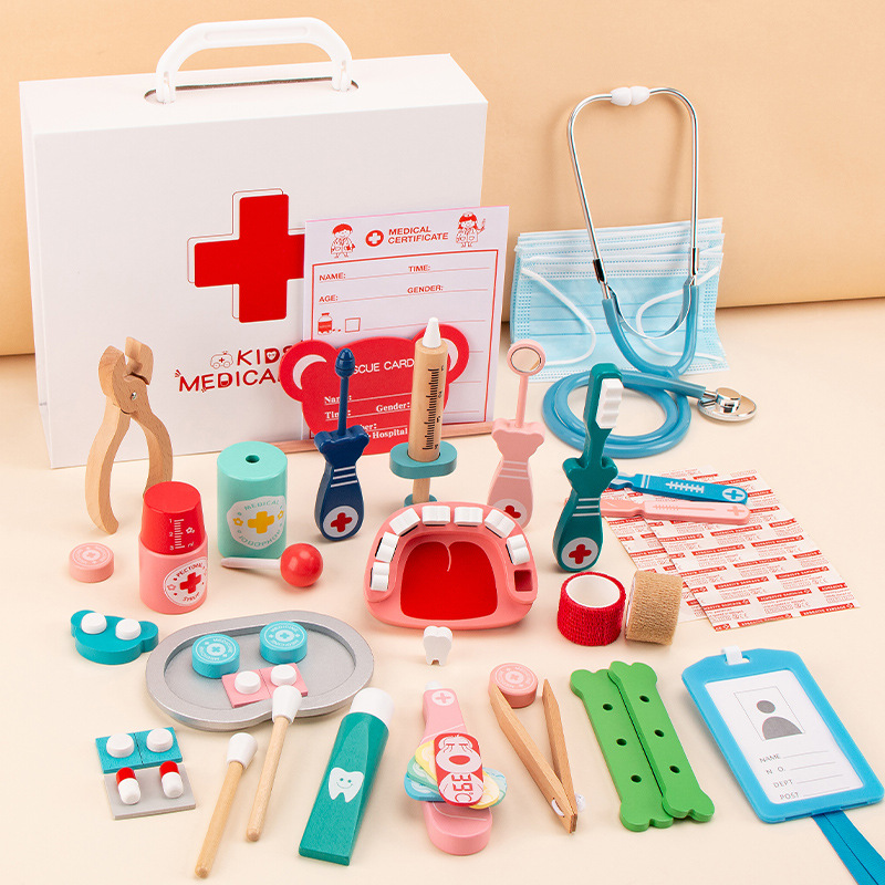 Productos de madera doctor niños juguetes de simulación jugar casa doctor enfermera inyección caja de madera almacenamiento caja de la medicina hombres y mujeres