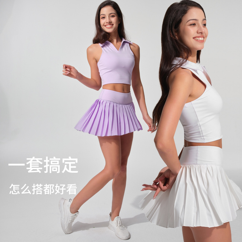 Summer Outdoor Polo Shirt Sports Vest Fitness Clothing Anti-Light Quick-Drying Pleated Tennis Skirt Yoga Clothing Women's Suit