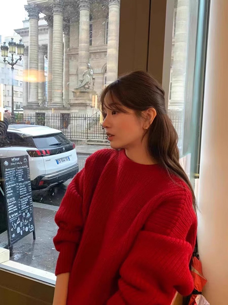 在庫あり 無地 丸首 プルオーバー 長袖セーター 秋冬 レディース 韓国風 ゆったり インス風 ウールニット セーターoun*e