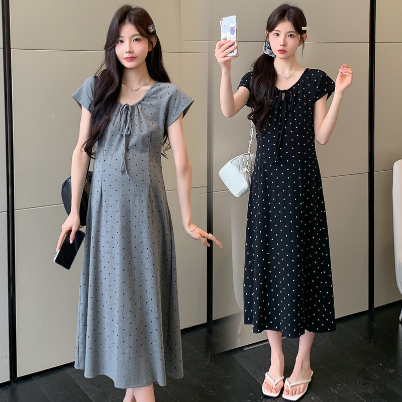 2026 Summer Simple Polka Dot Tie Classic Round Neck Slim Fit Maternity Short Sleeve Lazy Dress