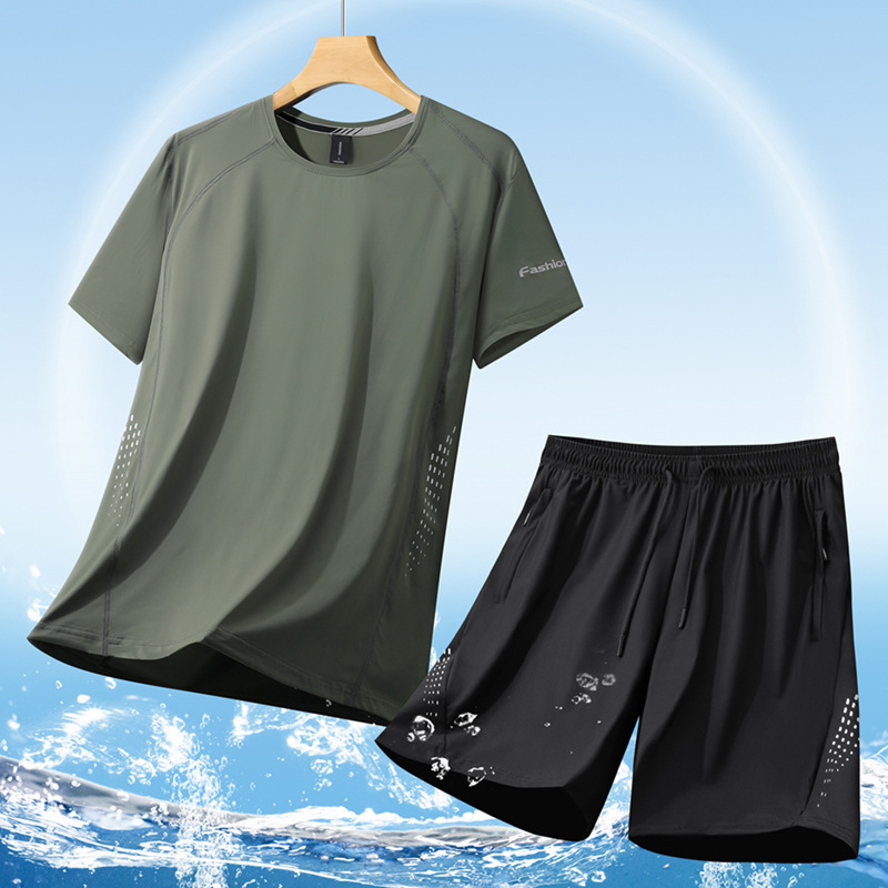 Large Plus Size Ice Silk Casual Sports suit Men's Fashionable Loose Short-sleeved T-shirt Loose Men's Shorts Two-piece Set