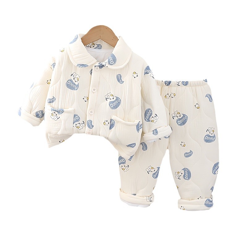 Traje de ropa de hogar de invierno para niños 2024 nuevo estilo bebé otoño e invierno estilo occidental pijama de gasa traje de dos piezas
