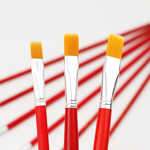 Red Handle Flat Nylon Brush Watercolor Pencil Set Children's Oil Painting Brush Watercolor Acrylic Brush Wooden Art Supplies