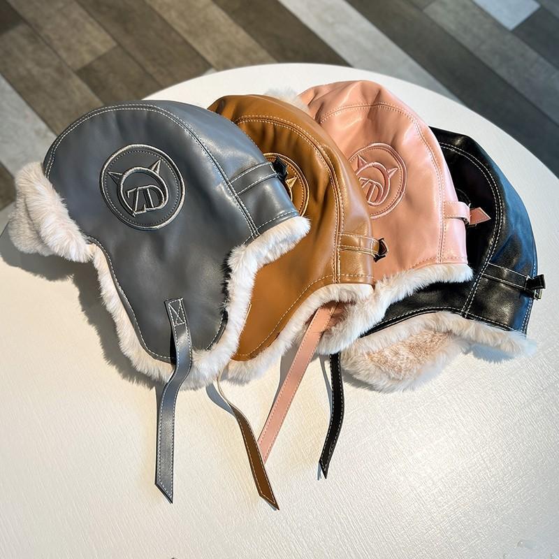 Lei Feng female, thick and warm PU leather plush outdoor skiing, cold ear protection flying hat, trendy male_voghion.com