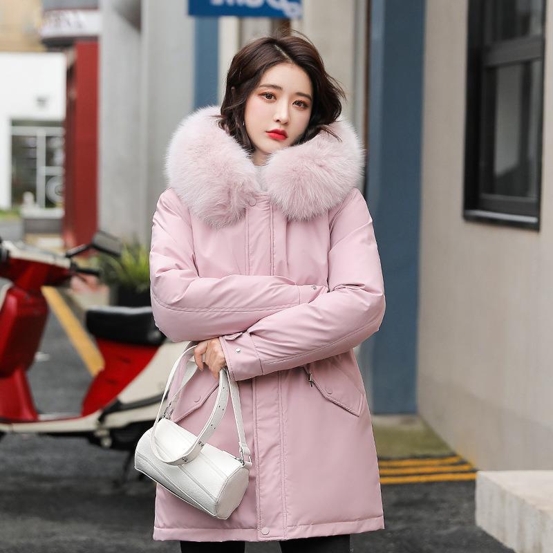 Fábrica parka de las mujeres de mediados de longitud 2023 invierno nuevo estilo coreano suelta gran cuello de piel de moda engrosada abrigo de algodón acolchado image 9