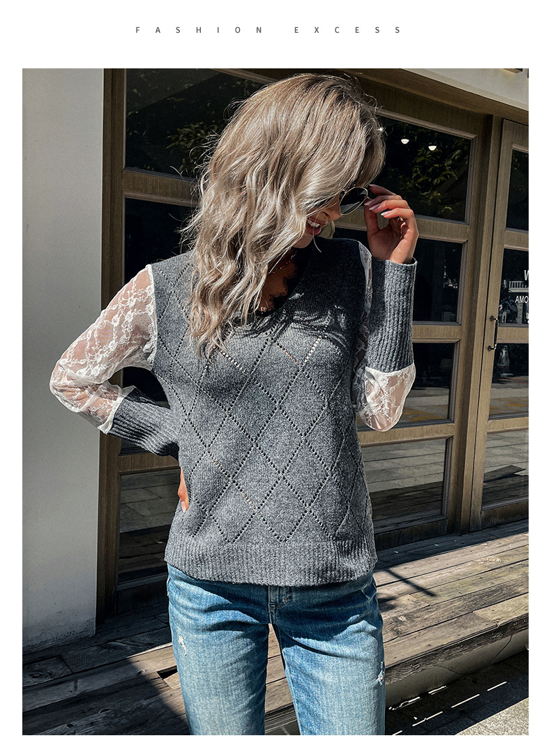 Maglione pullover con scollo a V e cuciture in pizzo tinta unita_voghion.com