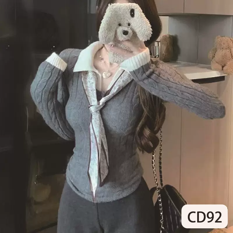 撞色拼接假两件翻领长袖针织衫女秋冬麻花修身毛衣设计感丝巾上衣