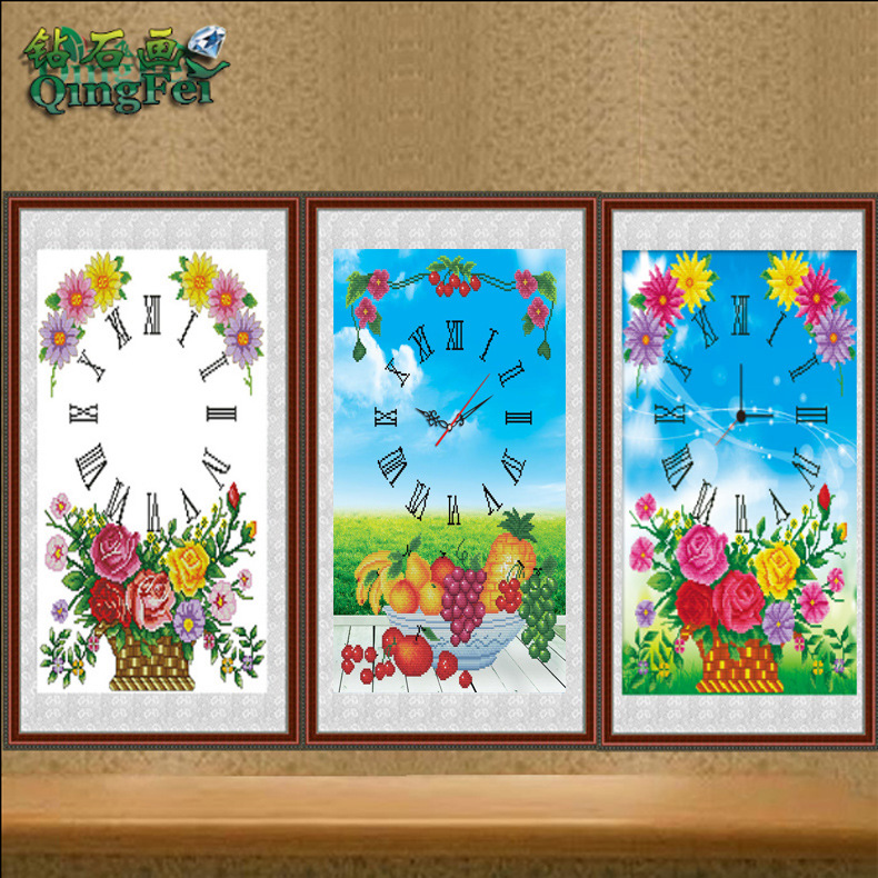 青飞精准繁花似锦十字绣菊花玫瑰恋曲花篮钟表挂钟送机芯有钻石画