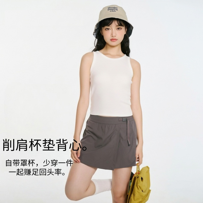 Lyocell Tencel Barely-There Feel Built-In Chest Pad American Style Cut-Out Shoulder Racerback Tank Top for Women, Short Camisole Top