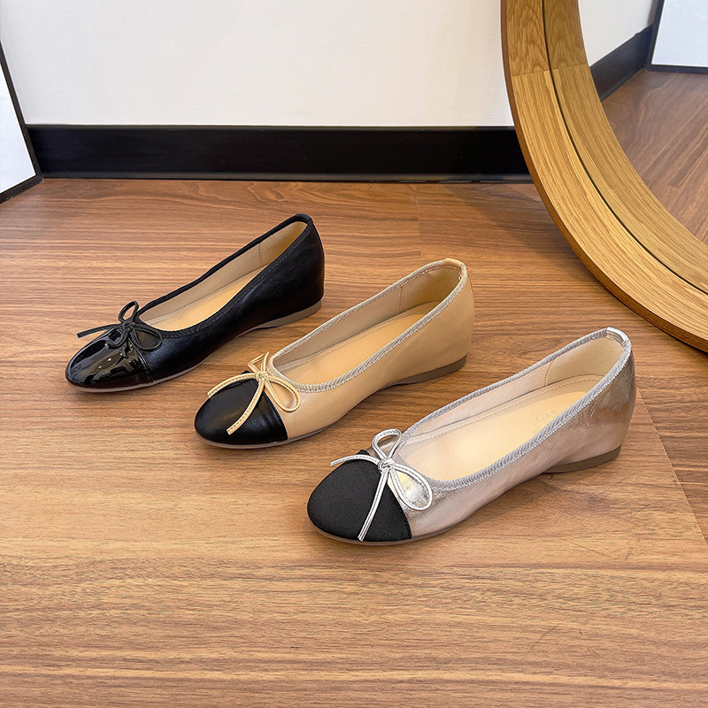 in stock Chanel Style Bow Ballet Shoes Commuter Workplace All-match Color Matching Height-increasing Flat Shoes Women's Shoes