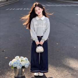 2026时髦女童春秋新款蕾丝拼接POLO领卫衣时尚个性中大童两件套装