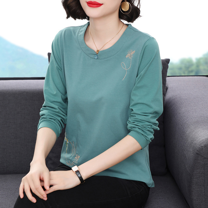 Middle-Aged and Elderly Mother's Clothing Spring 2025 New Embroidered Tops Pure Cotton Mother's Clothing Wholesale Long-Sleeved Round Neck Women's Clothing