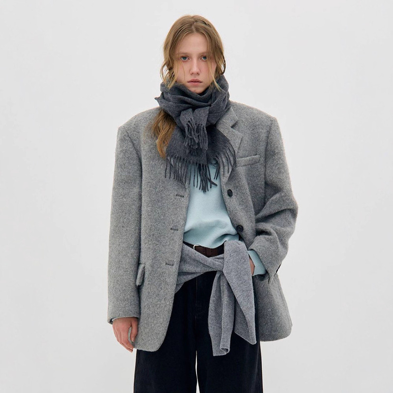 In-Stock Solid Color Mid-Length Wool Blazer for Women, Autumn and Winter Simple Single-Breasted Lapel Coat, Korean Style Low Classic