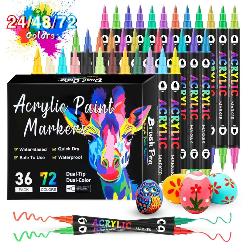 Acrylic Soft-Tipped Dual-Head Dual-Color Markers, Water-Based, 48 Colors, 72 Colors, for Students, Kindergarten, Graffiti, Diy, Journaling Pens