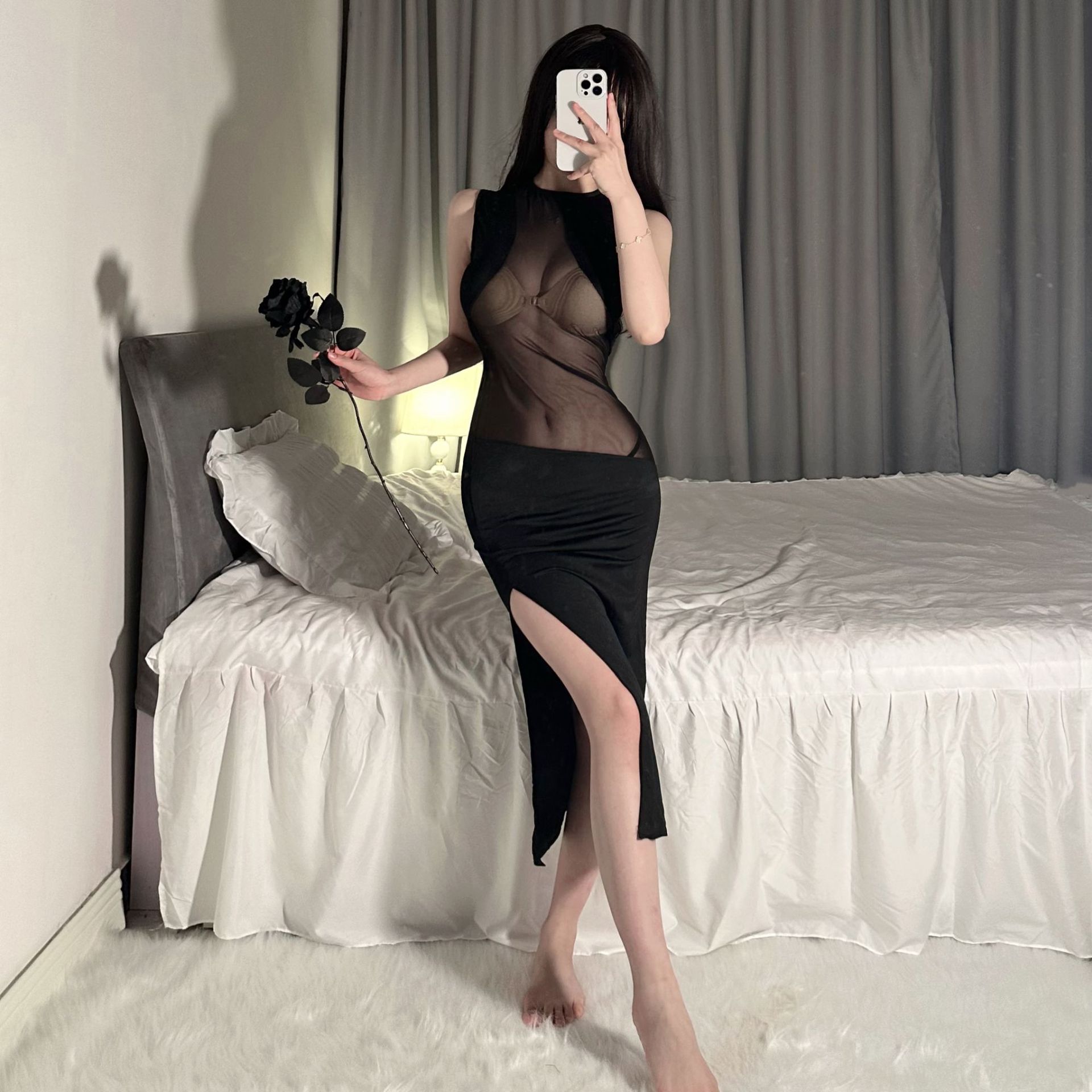 섹시한 속옷 여성의 섹시한 관점 메쉬 스티칭 슬림 한 다리 원피스 슬림 슬리밍 파자마 열정적 인 티즈