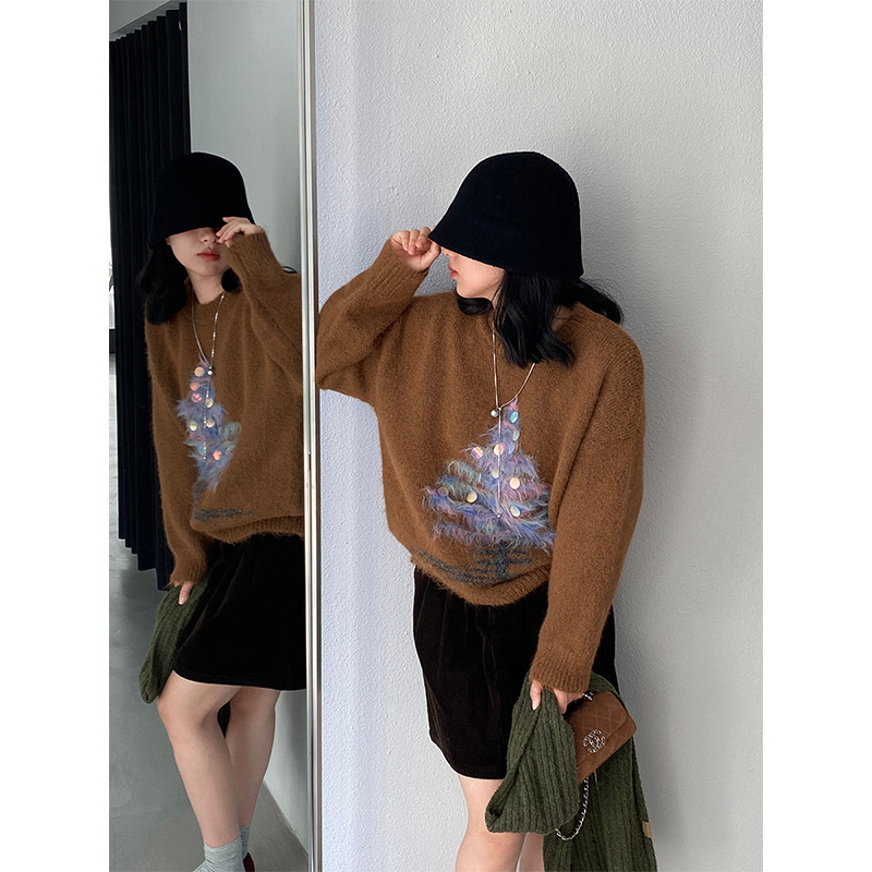 Jiangzuo Christmas Limited Edition Lazy Style Sequined Christmas Tree Soft Sweater for Women Winter Petite Top J8927