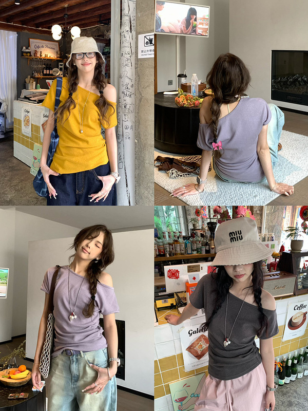 荒荒家 露肩短袖2025夏季新款斜肩设计小心机修身纯欲ins风T恤女|undefined