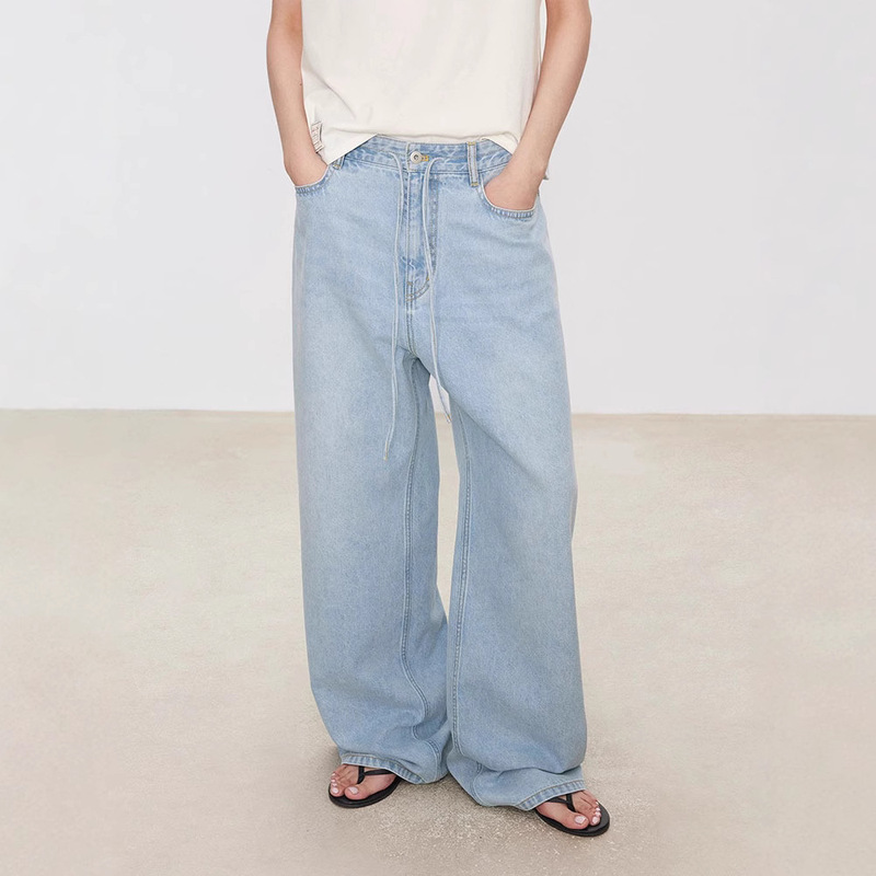 TH ~ ROW Minimalist Straight Jeans Women's Washed Adjustable Belt Loose Slim Casual Pants High Waist Wide Leg Pants