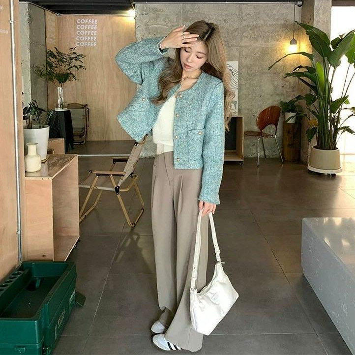 Áo khoác nữ dáng ngắn cổ tròn dài tay phong cách Pháp chấm bi — Màu xanh dương