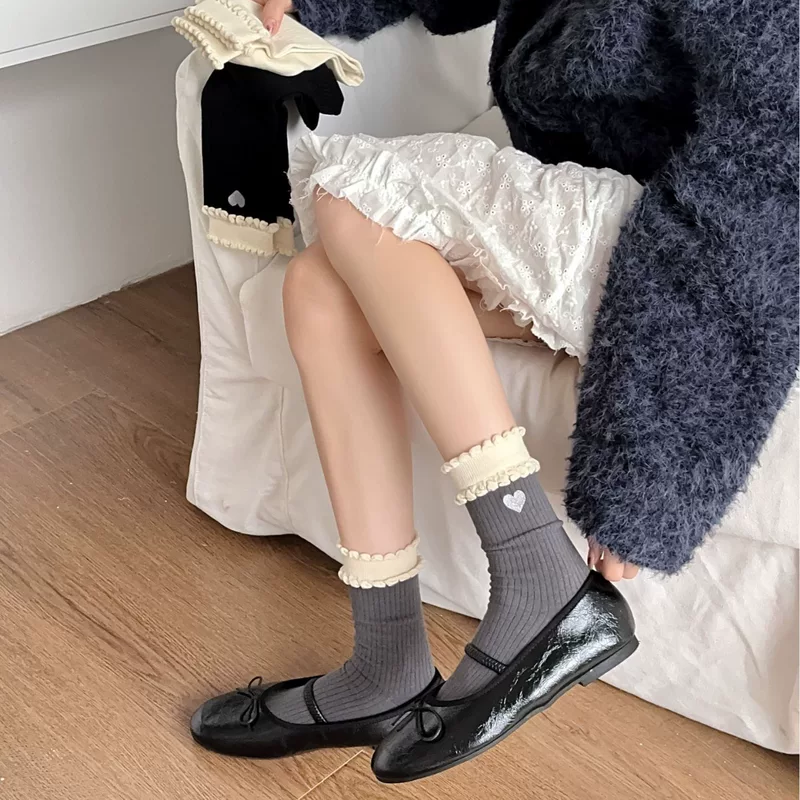 Tide, summer thin white knee socks, with embroidery, mid-length