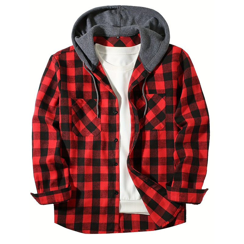 2026 Cross-Border Spring and Autumn New Style Red and Black Plaid Hooded Shirt for Men, Loose Trendy Casual Outerwear Shirt