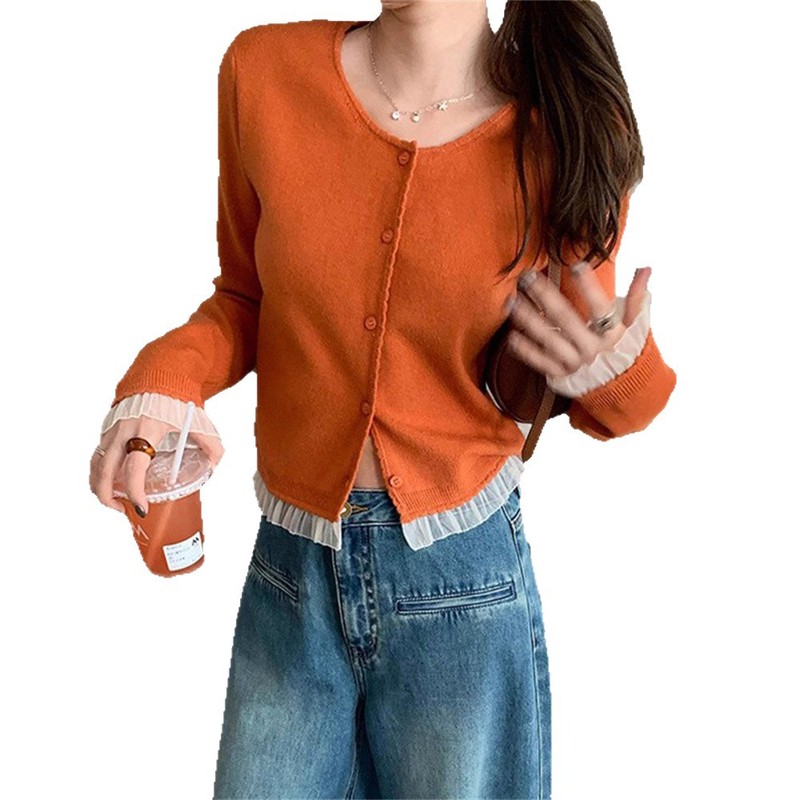 温柔风拼接设计感蕾丝花边针织开衫女秋季新款小个子短款毛衣外套|undefined