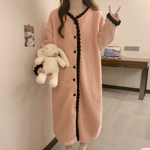 珊瑚绒睡裙女冬季加绒加厚保暖V领开衫长袖长睡裙少女宽松家居服