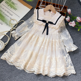 2023 girls' long-sleeved lace dress new children's bow mesh princess dress baby girl fairy dress