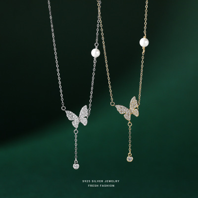 2022 new pattern Light extravagance French Retro temperament butterfly Necklace S925 A small minority Sense of design Versatile clavicle