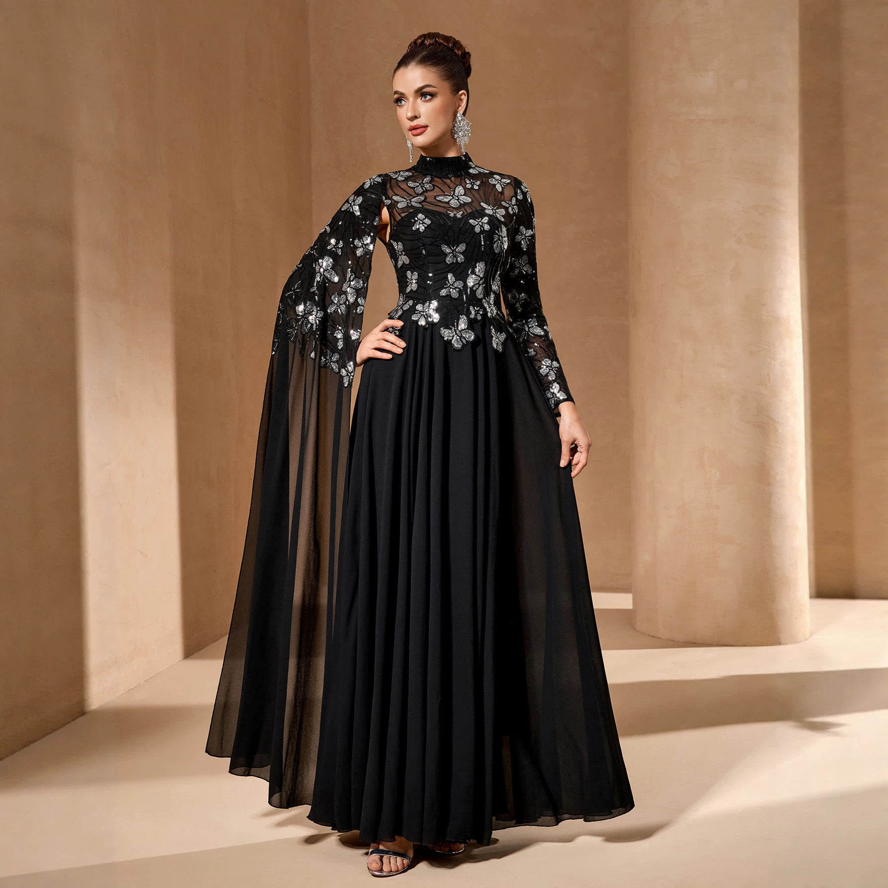 Heavy-duty stand-up collar irregular long-sleeve dress with sequin butterfly design floral pattern cross-border ball gown for women-SSN389