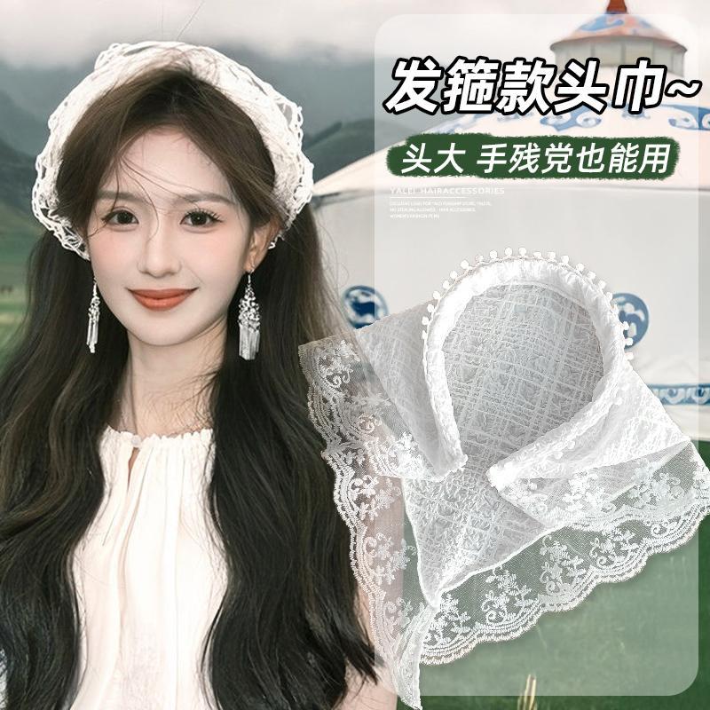 Turbante de encaje blanco para mujeres primavera y verano viajes al mar bufandas de cabello bufandas de seda para el cabello una banda de cabello tocado
