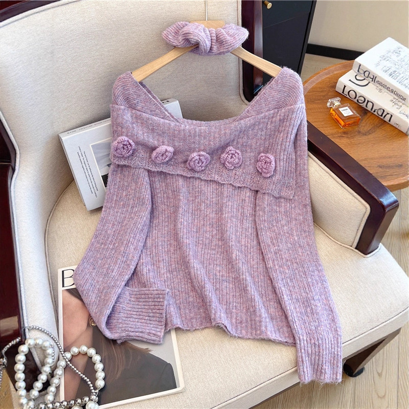 Purple Floral Off-Shoulder Knit Sweater for Women 2025 New Popular Early Autumn Plus Size Flattering Sweater Top