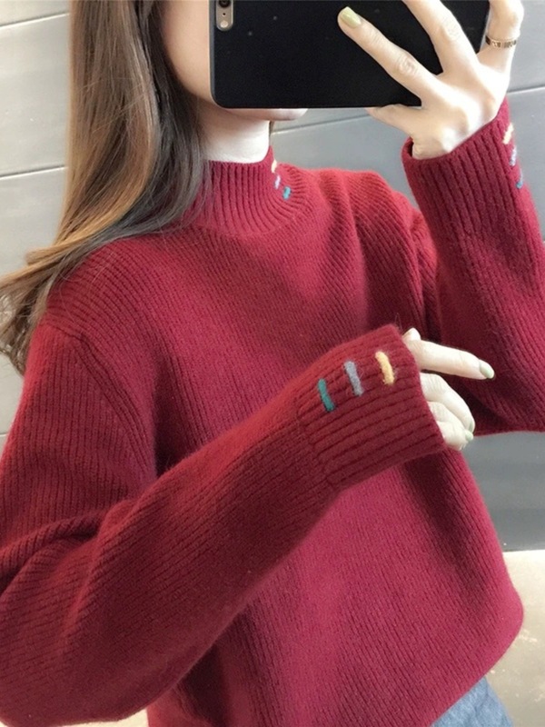 半高领毛衣女秋冬2025年新款秋冬季韩版慵懒风纯色绣花针织打底衫|undefined