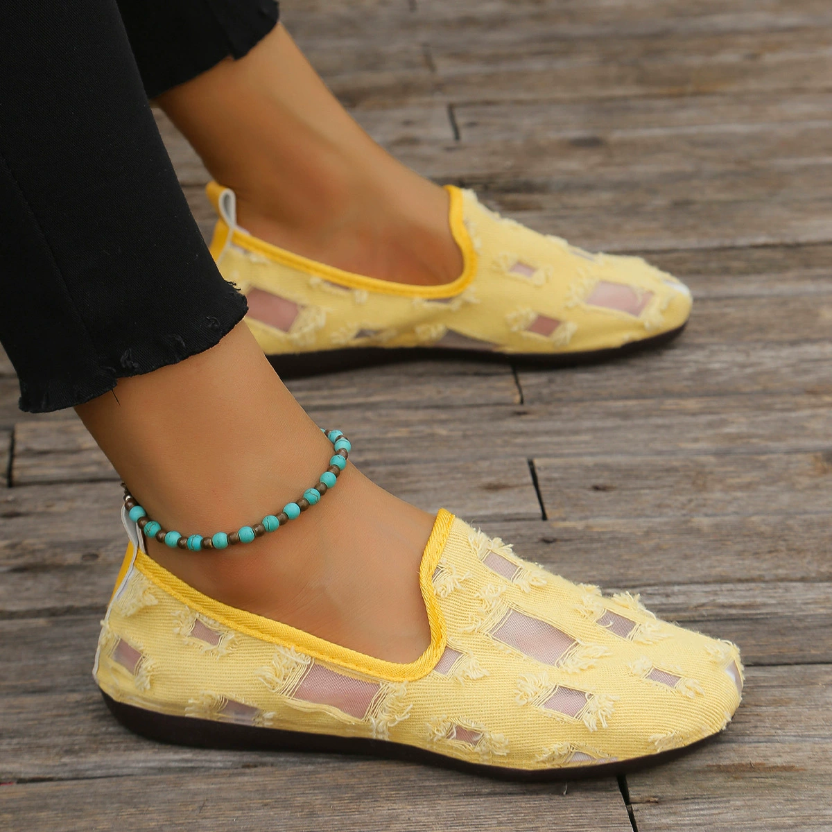 2024 популярная летняя одиночная обувь сетчатая обувь плоская сетка повседневная обувь из ткани сетка мягкая подошва бобовая обувь женская обувь