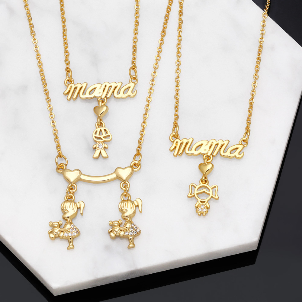 Fashion Letter Mama Boys Girls Geometric Pendant Zircon Copper Necklace