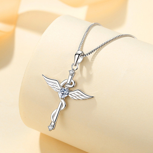 S925 silver angel wings cross necklace European and American cross-border clavicle retro pendant gift fashion accessories