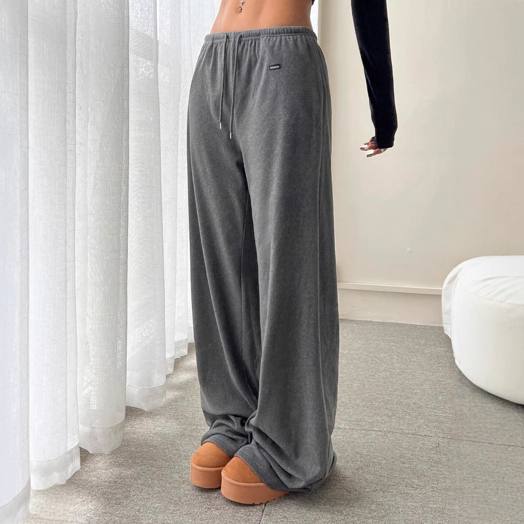 Pantaloni da salotto in maglia spazzolata da donna – Vita elastica con coulisse, gamba dritta e comoda, morbido poliestere, colori a tinta unita (nero, grigio, bianco)_voghion.com