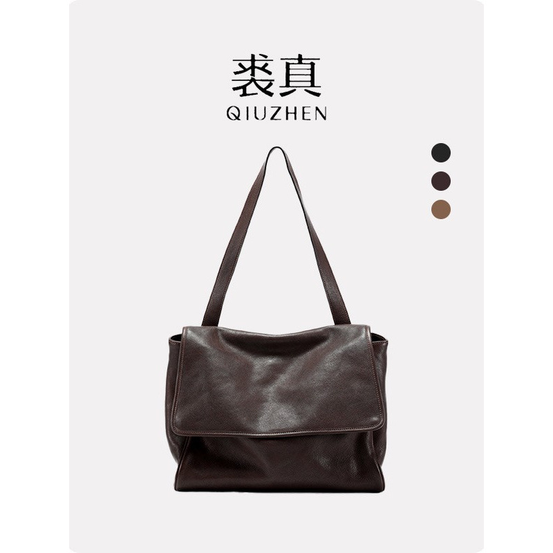 裘真翻盖邮差包女复古百搭通勤大容量头层植鞣牛皮包斜挎休闲百搭