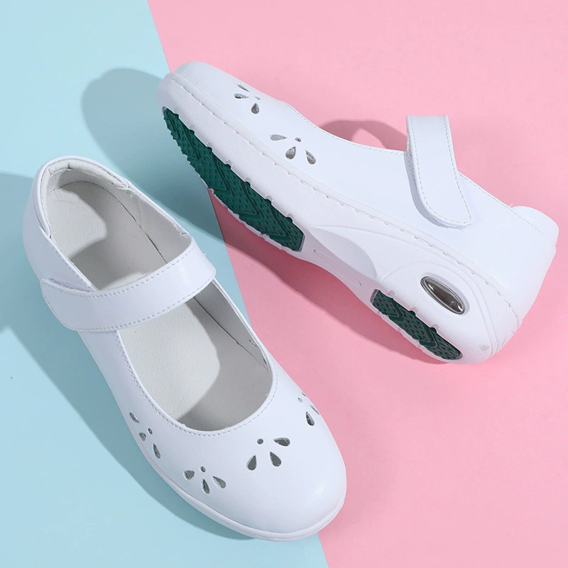 Трансграничная обувь медсестры женская мягкая подошва воловья кожа дышащая, ноги удобные нескользящие полые плоские кожаные рабочие ботинки